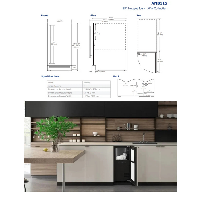 U-Line UANP115SS01A 15 Inch Freestanding/Built-In Ice Maker with Pump Included, Reversible Hinge, 90 lbs. Daily Ice Production, 30 lbs. Ice Storage, Nugget Ice, ADA Compliant, UL Listed, Energy Star Certified and Star K
