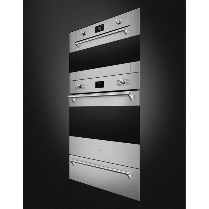 Smeg Classic Design SFU4300MX 24 Inch Built-In Combi Microwave Oven with 2.54 Cu. Ft. Capacity, 1000W Power, 3 Cooking Functions, LCD Display, and Child Safety Lock