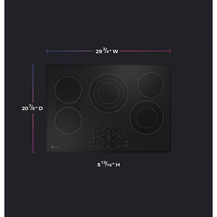 GE Profile PEP9030DTBB 30 Inch Electric Smart Cooktop with 5 Elements, Smooth Glass Surface, SyncBurners, Tri/Dual Ring Elements, Wi-Fi, Guided Cooking, Touch Controls, Power Boil, Precision Temperature Control, and ADA Compliant
