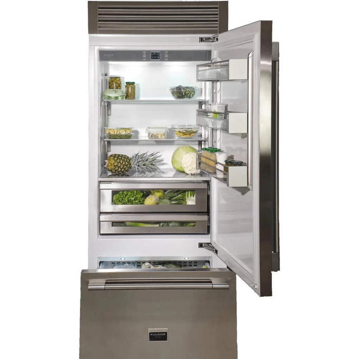 Fulgor Milano Sofia 700 Series F7PBM36S2R 36 Inch Built-In Bottom Freezer Refrigerator with 18.5 cu. ft. Total Capacity, Ice Maker, Total No Frost, LED Lighting, Deep-Freezing, and Holiday Mode: Right Hinge