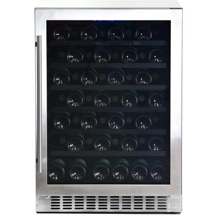 Azure A224WCS 24 Inch Under Counter Wine Center with 54 Bottle Capacity, 6 Full Extension Racks, Argon Filled Glass Door, Blue LED Lighting, Digital Controls, 40-65°F Temperature Range, Dual Sensor Temperature Control, Door Alarm, and 39 DB Decibel Rating