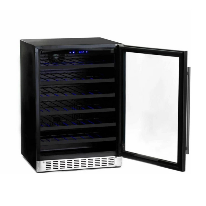 Azure A224WCS 24 Inch Under Counter Wine Center with 54 Bottle Capacity, 6 Full Extension Racks, Argon Filled Glass Door, Blue LED Lighting, Digital Controls, 40-65°F Temperature Range, Dual Sensor Temperature Control, Door Alarm, and 39 DB Decibel Rating