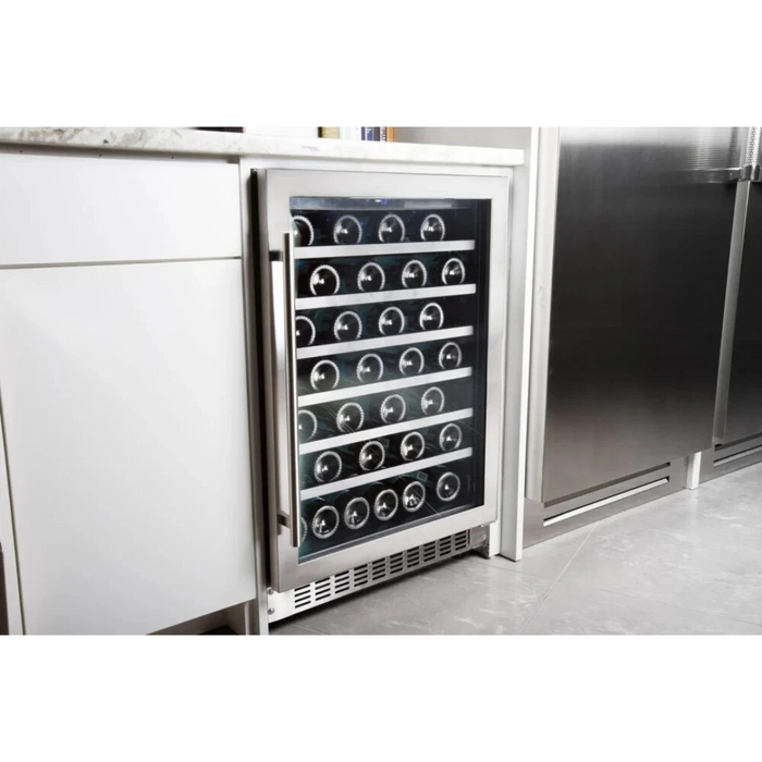 Azure A224WCS 24 Inch Under Counter Wine Center with 54 Bottle Capacity, 6 Full Extension Racks, Argon Filled Glass Door, Blue LED Lighting, Digital Controls, 40-65°F Temperature Range, Dual Sensor Temperature Control, Door Alarm, and 39 DB Decibel Rating