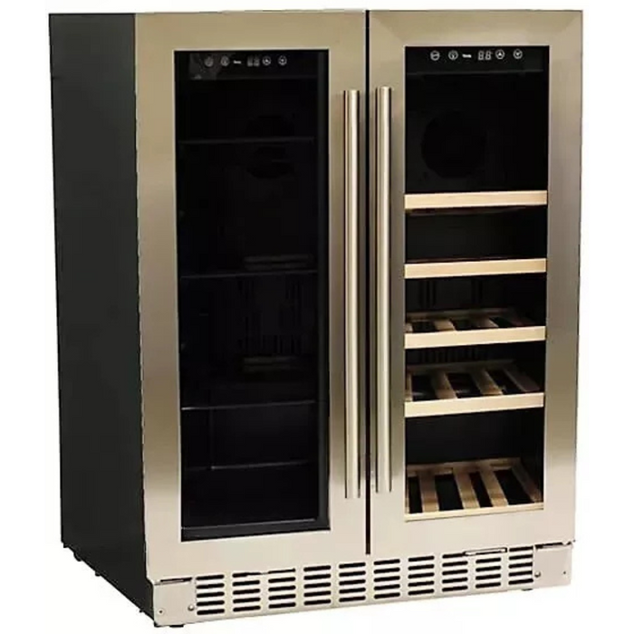 Azure A124DZS 24 Inch Built-In Dual Zone Beverage and Wine Center with 58-Can Capacity, 15-Bottle Capacity, 4 Glass Shelves, 5 Wood Wine Racks, French Door Swing, Blue LED Lighting, Digital Controls, 36-43°F/40-65°F Temperature Ranges, and ADA Compliant