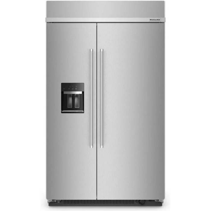 KitchenAid KBSD708MPS 48 Inch Built-In Side-by-Side Refrigerator with 29.4 cu. ft. Capacity, 4 Shelves, FreshChill™ Drawer, ExtendFresh™ Plus, Exterior Ice/Water Dispenser, ENERGY STAR®, and Star-K: Stainless Steel with PrintShield™ Finish