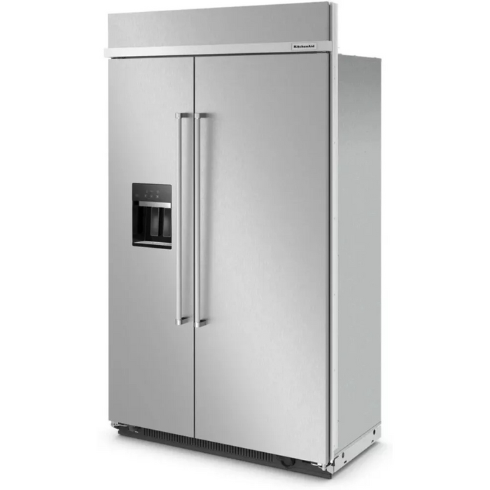 KitchenAid KBSD708MPS 48 Inch Built-In Side-by-Side Refrigerator with 29.4 cu. ft. Capacity, 4 Shelves, FreshChill™ Drawer, ExtendFresh™ Plus, Exterior Ice/Water Dispenser, ENERGY STAR®, and Star-K: Stainless Steel with PrintShield™ Finish