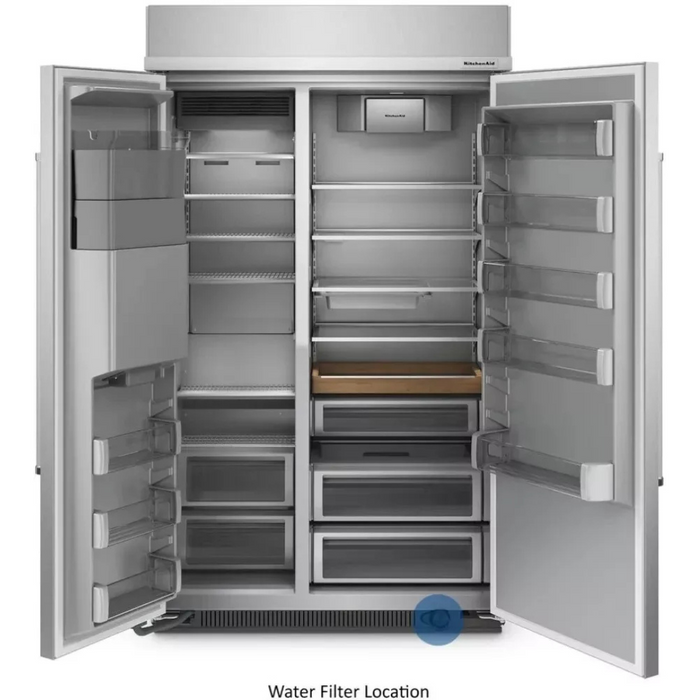 KitchenAid KBSD708MPS 48 Inch Built-In Side-by-Side Refrigerator with 29.4 cu. ft. Capacity, 4 Shelves, FreshChill™ Drawer, ExtendFresh™ Plus, Exterior Ice/Water Dispenser, ENERGY STAR®, and Star-K: Stainless Steel with PrintShield™ Finish