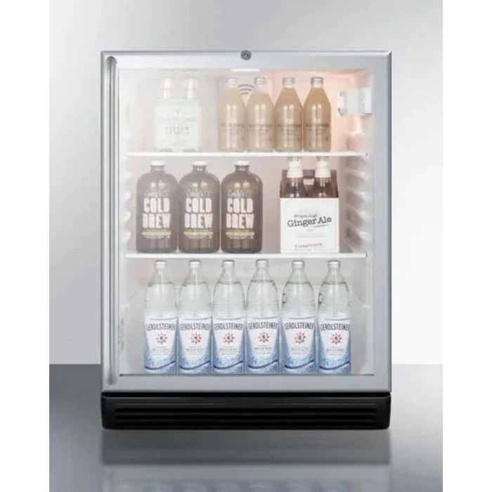 Summit SCR600BGLSHADA 24 Inch Commercial Beverage Center with 5.5 Cu. Ft. Capacity, Double Pane Tempered Glass Door, Towel Bar Handle, Adjustable Glass Shelves, Reversible Door, Lock, Automatic Defrost, 100% CFC Free, and ADA Compliant