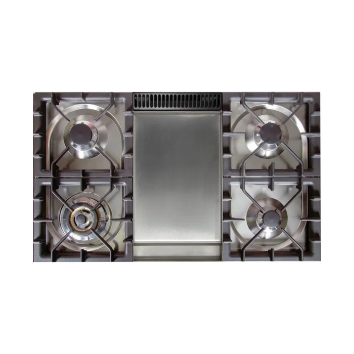 Ilve Nostalgie Collection UPDN100FDMPING 40 Inch Freestanding Dual Fuel Range with 5 Sealed Burners, 3.98 cu. ft. Total Capacity, Storage Drawer, and Griddle: Stainless Steel/Brass Trim - NG