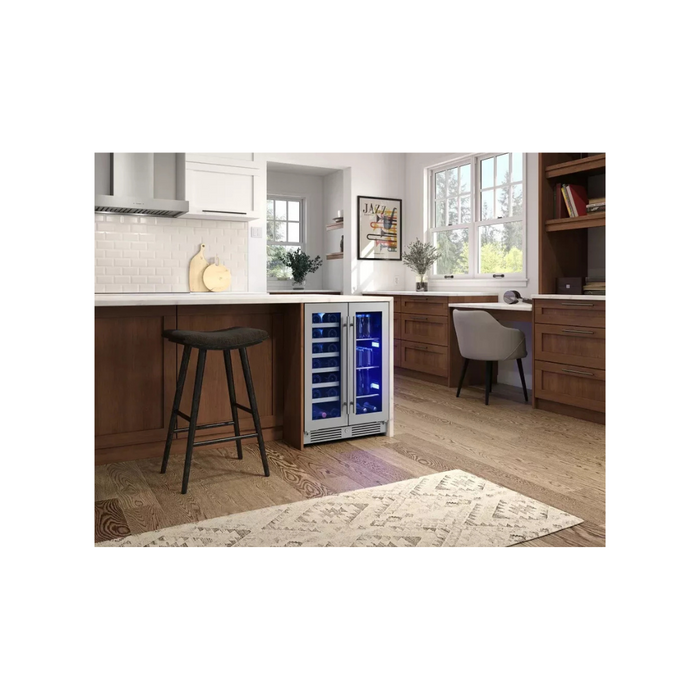 Zephyr PRWB24C32CG 24 Inch Dual Zone French Door Wine & Beverage Cooler with 5.2 Cu. Ft. Capacity, PreciseTemp™, Active Cooling Technology, Vibration Dampening, 3-Color LED Lighting, Full Extension Wood Racks, Sabbath Mode and Star-K Certified