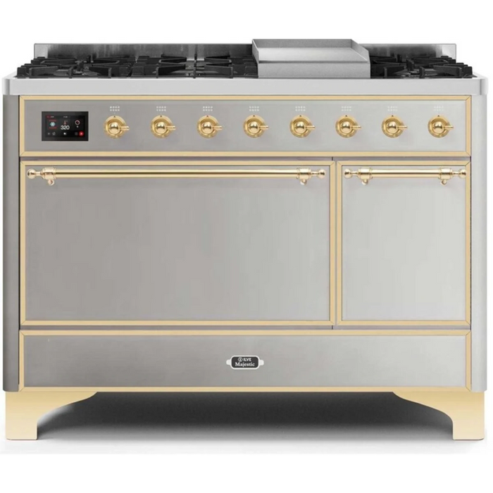 Ilve Majestic II Collection UM12FDQNS3SSG 48 Inch Freestanding Dual Fuel Range with 8 Sealed Burners, 5.02 cu. ft. Total Capacity, Warming Drawer, Fast Pre-Heat, and Griddle: Stainless Steel, Brass Trim