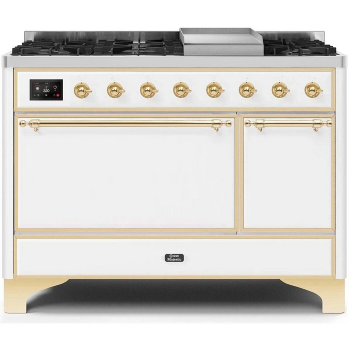 Ilve Majestic II Collection UM12FDQNS3WHG 48 Inch Freestanding Dual Fuel Range with 8 Sealed Burners, 5.02 cu. ft. Total Capacity, Warming Drawer, Fast Pre-Heat, and Griddle: White, Brass Trim