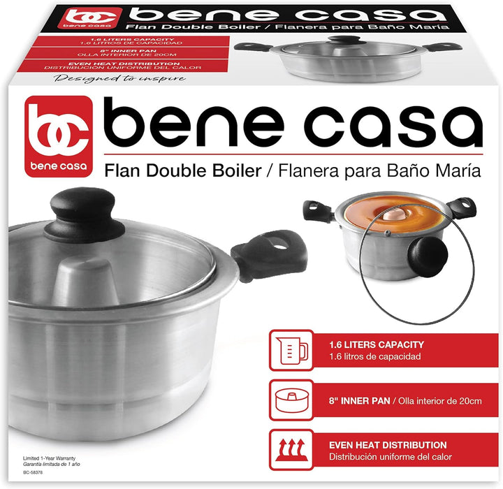 Bene Casa - Aluminum Flan Mold Double Boiler with Glass Lid (1.6 Liter) - Includes Aluminum Inner Pan (8") - Dishwasher Safe BC-58378
