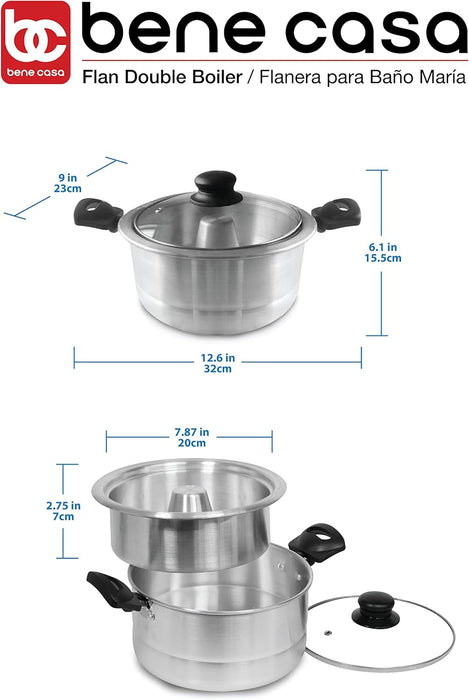 Bene Casa - Aluminum Flan Mold Double Boiler with Glass Lid (1.6 Liter) - Includes Aluminum Inner Pan (8") - Dishwasher Safe BC-58378