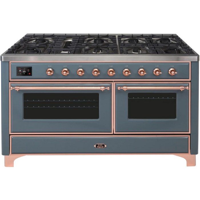 Ilve Majestic II Collection UM15FDNS3BGPLP 60 Inch Freestanding Dual Fuel Range with 9 Sealed Burners, 5.8 cu. ft. Total Capacity, Warming Drawer, Fast Pre-Heat, Griddle, Sabbath Mode and STAR-K Certified: Blue Grey, Copper Trim - LP