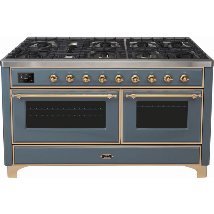 Ilve Majestic II Collection UM15FDNS3BGGLP 60 Inch Freestanding Dual Fuel Range with 9 Sealed Burners, 5.8 cu. ft. Total Capacity, Warming Drawer, Fast Pre-Heat, Griddle, Sabbath Mode and STAR-K Certified: Blue Grey, Brass Trim - LP