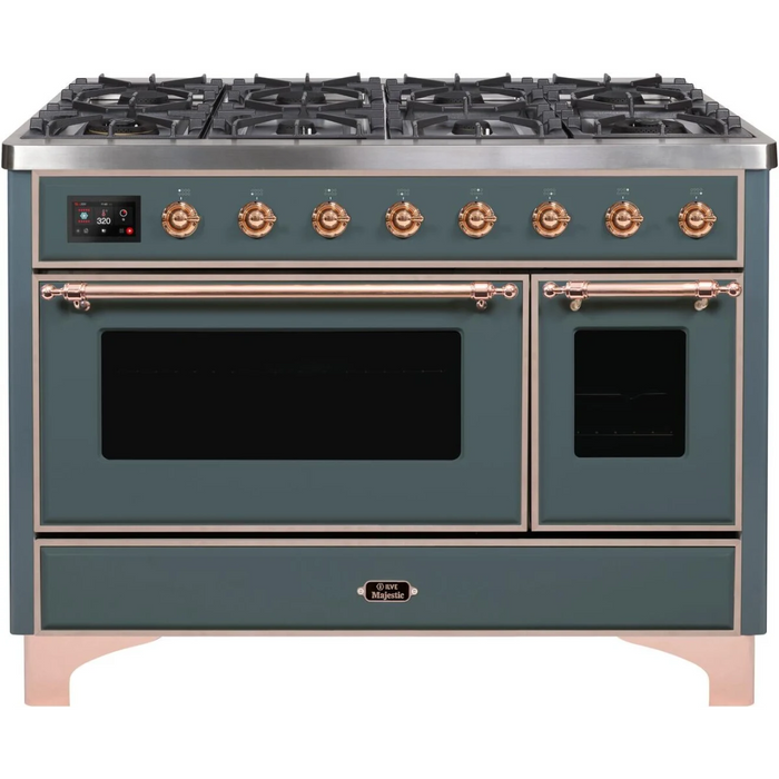 Ilve Majestic II Collection UM12FDNS3BGPLP 48 Inch Freestanding Dual Fuel Range with 8 Sealed Burners, 5.02 cu. ft. Total Capacity, Warming Drawer, and Griddle: Blue Grey, Copper Trim - LP
