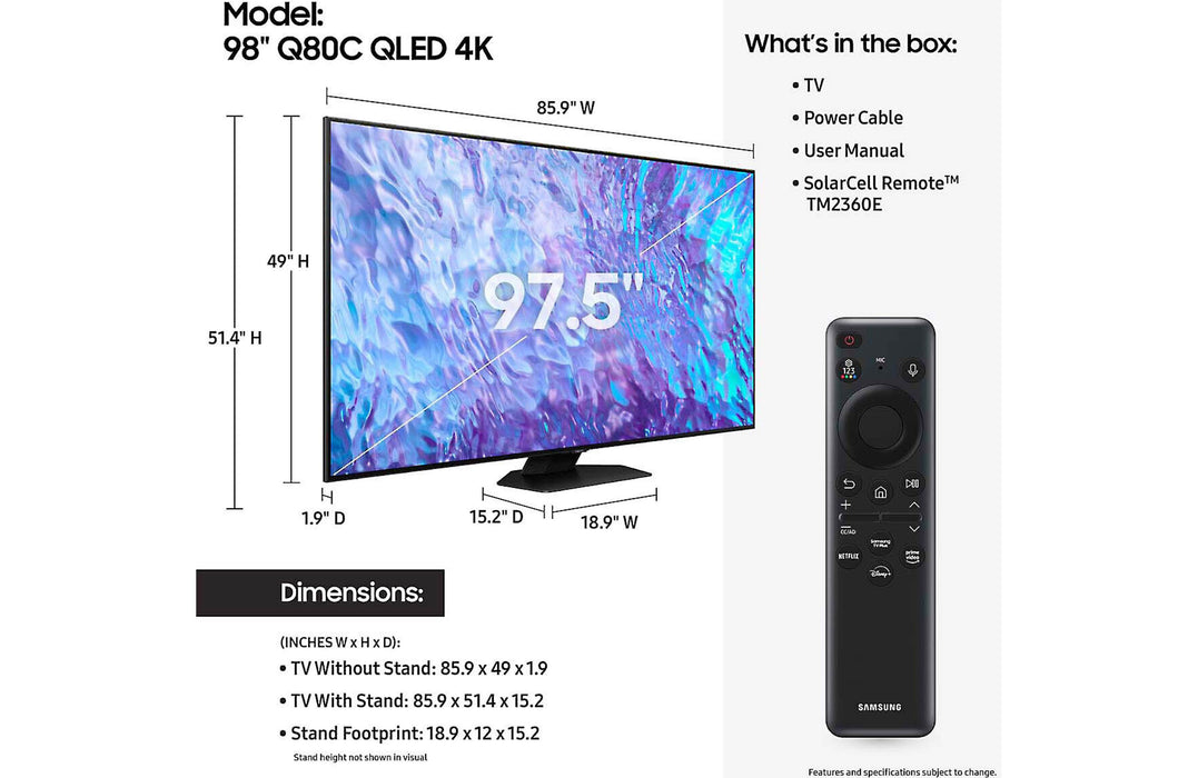 Samsung Q80C QN98Q80CAF 98" 4K HDR Smart QLED TV QN98Q80CAFXZA