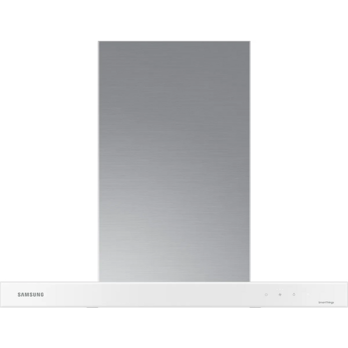 Samsung BESPOKE NK30CB600W12 30 Inch Smart Wall Mount Chimney Range Hood with 630 CFM Fan, 4 Speeds, 52 dBA, Wi-Fi Connectivity, LED Bar Lighting, Touch Controls, Dishwasher Safe Baffle Filters, and ADA Compliance: Clean White Panel