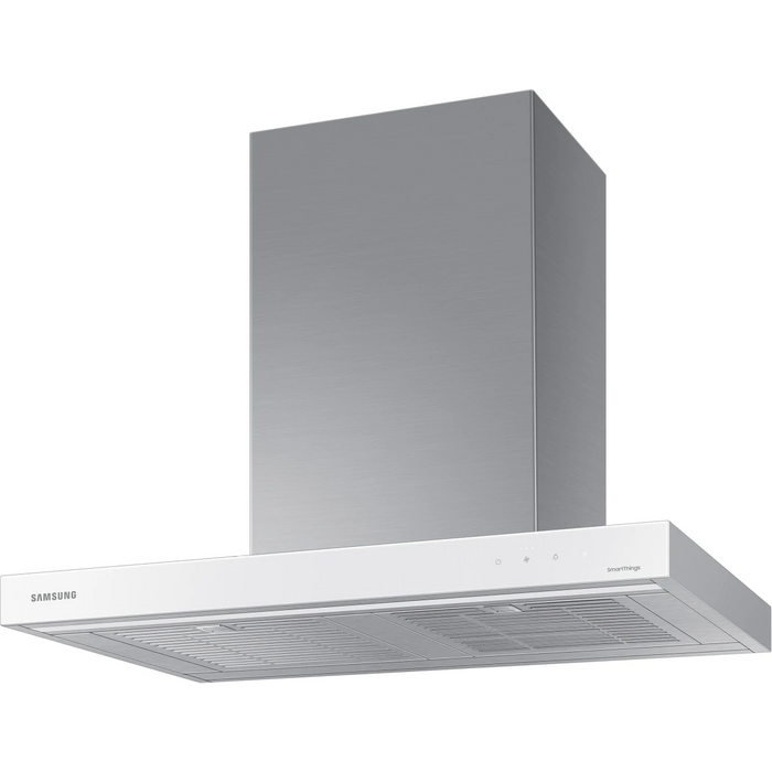 Samsung BESPOKE NK30CB600W12 30 Inch Smart Wall Mount Chimney Range Hood with 630 CFM Fan, 4 Speeds, 52 dBA, Wi-Fi Connectivity, LED Bar Lighting, Touch Controls, Dishwasher Safe Baffle Filters, and ADA Compliance: Clean White Panel