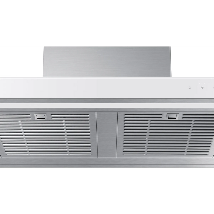 Samsung BESPOKE NK30CB600W12 30 Inch Smart Wall Mount Chimney Range Hood with 630 CFM Fan, 4 Speeds, 52 dBA, Wi-Fi Connectivity, LED Bar Lighting, Touch Controls, Dishwasher Safe Baffle Filters, and ADA Compliance: Clean White Panel