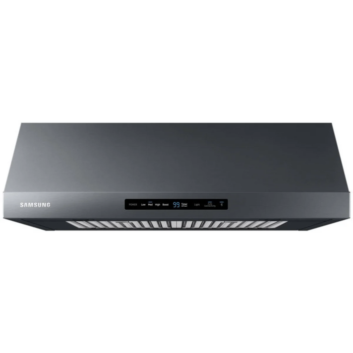 Samsung NK30N7000UG 30 Inch Under Cabinet Smart Range Hood with 4-Speed/390 CFM Blower, Digital Touch Control, LED Lighting, Removable Baffle Filter, Bluetooth®, Wi-Fi Monitoring, and ADA Compliant: Fingerprint Resistant Black Stainless Steel