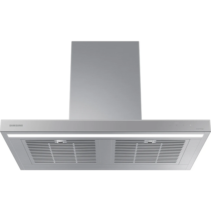 Samsung BESPOKE NK36CB600WCG 36 Inch Smart Wall Mount Chimney Range Hood with 630 CFM Fan, 4 Speeds, 52 dBA, Wi-Fi Connectivity, LED Bar Lighting, Touch Controls, Dishwasher Safe Baffle Filters, and ADA Compliance: Clean Grey Panel