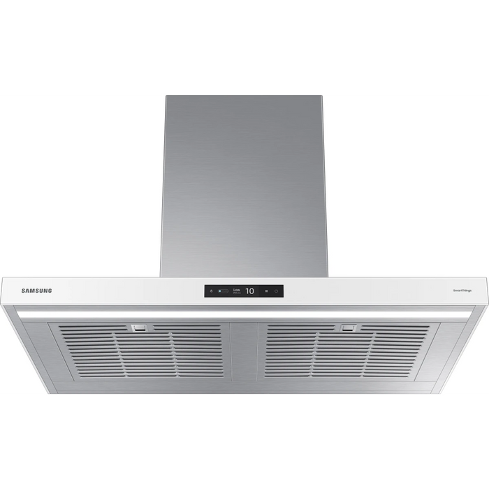 Samsung NK36CB700W12 36 Inch Smart Wall Mount Chimney Range Hood with 630 CFM Fan, 4 Speeds, 50 dBA, Wi-Fi Connectivity, Triple Air Sensor, LED Bar Lighting, Touch Controls, Dishwasher Safe Baffle Filters, and ADA Compliance: Clean White Panel