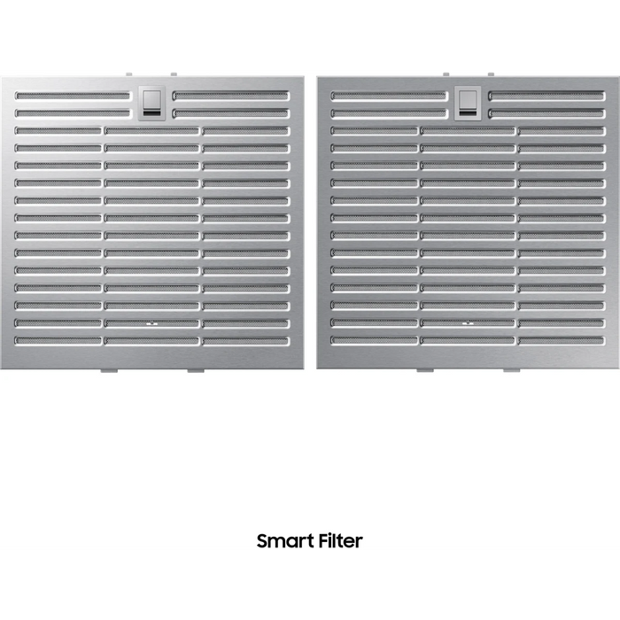 Samsung NK36CB700W33 36 Inch Smart Wall Mount Chimney Range Hood with 630 CFM Fan, 4 Speeds, 50 dBA, Wi-Fi Connectivity, Triple Air Sensor, LED Bar Lighting, Touch Controls, Dishwasher Safe Baffle Filters, and ADA Compliance: Clean Deep Charcoal Panel