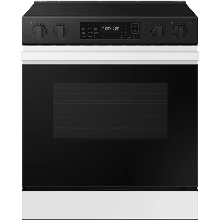 Samsung BESPOKE NSE6DB830012 30 Inch Slide-In Electric Smart Range with 5 Elements, 6.3 cu. ft. Convection Oven, Warming Center, Storage Drawer, Air Fry, Self & Steam Clean, and ADA Compliant: White Glass