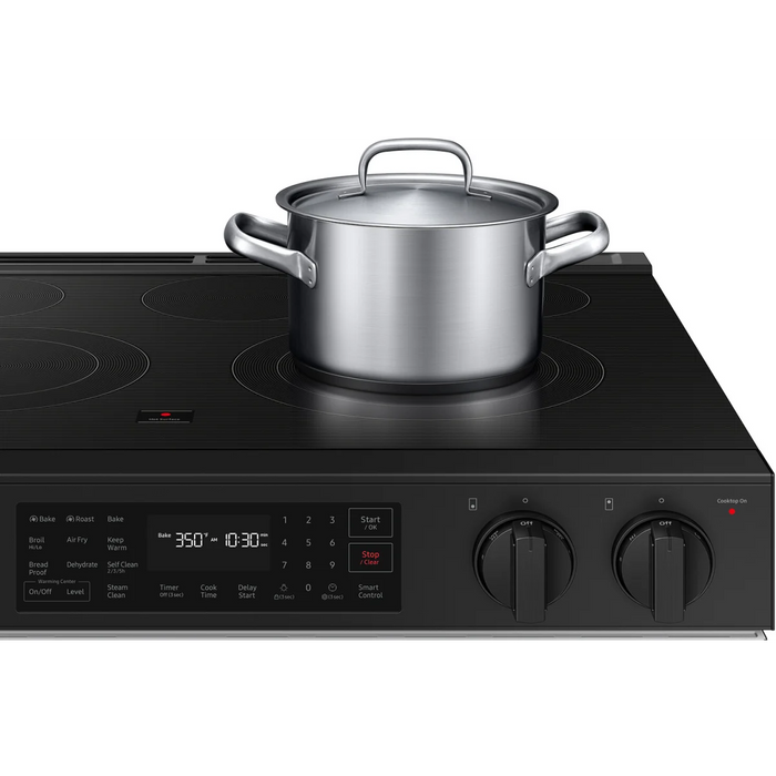 Samsung BESPOKE NSE6DB830012 30 Inch Slide-In Electric Smart Range with 5 Elements, 6.3 cu. ft. Convection Oven, Warming Center, Storage Drawer, Air Fry, Self & Steam Clean, and ADA Compliant: White Glass