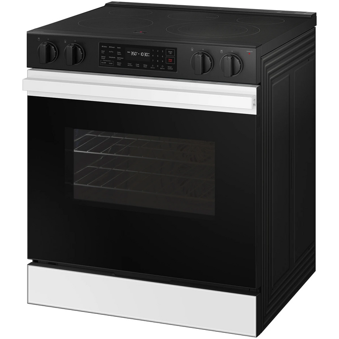 Samsung BESPOKE NSE6DB830012 30 Inch Slide-In Electric Smart Range with 5 Elements, 6.3 cu. ft. Convection Oven, Warming Center, Storage Drawer, Air Fry, Self & Steam Clean, and ADA Compliant: White Glass