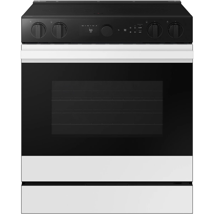 Samsung BESPOKE NSE6DB870012 30 Inch Slide-In Electric Smart Range with 5 Elements, 6.3 cu. ft. Convection+ Oven, Express Boil™, Warming Zone, Storage Drawer, Air Fry, Self & Steam Clean, and ADA Compliant: White Glass