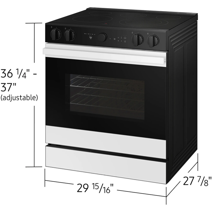 Samsung BESPOKE NSE6DB870012 30 Inch Slide-In Electric Smart Range with 5 Elements, 6.3 cu. ft. Convection+ Oven, Express Boil™, Warming Zone, Storage Drawer, Air Fry, Self & Steam Clean, and ADA Compliant: White Glass