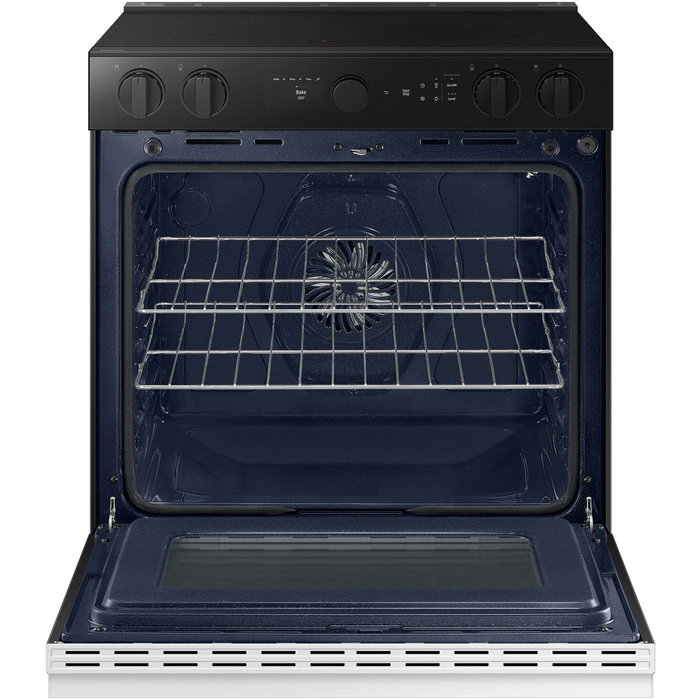 Samsung BESPOKE NSE6DB870012 30 Inch Slide-In Electric Smart Range with 5 Elements, 6.3 cu. ft. Convection+ Oven, Express Boil™, Warming Zone, Storage Drawer, Air Fry, Self & Steam Clean, and ADA Compliant: White Glass
