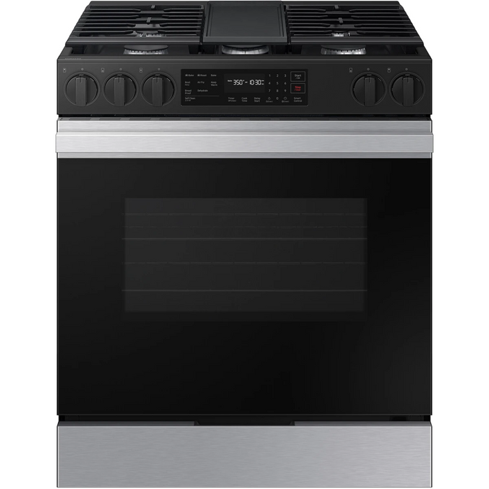 Samsung NSG6DG8300SR 30 Inch Smart Slide-In Gas Range with 5 Sealed Burners, 6.0 cu. ft. Capacity, Convection Oven, Air Fry, Auto Conversion, Precision Knobs, Glass Touch Controls, 17K BTU Power Burner, Sabbath Mode, and ADA Compliant: Stainless Steel