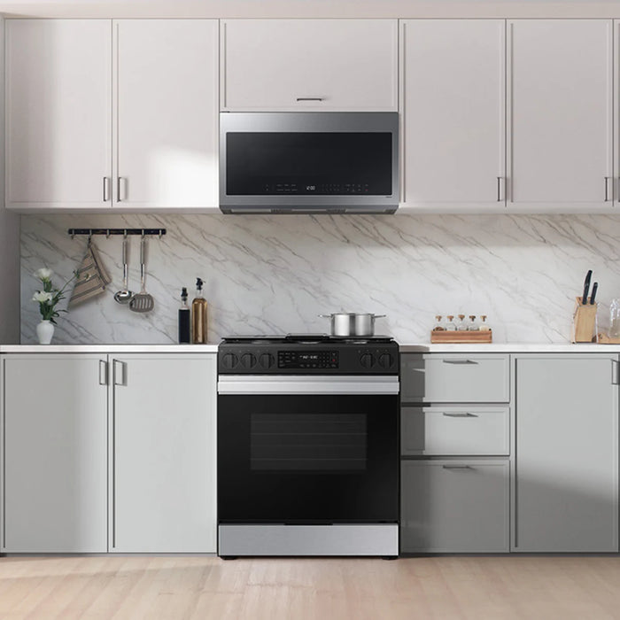 Samsung NSG6DG8300SR 30 Inch Smart Slide-In Gas Range with 5 Sealed Burners, 6.0 cu. ft. Capacity, Convection Oven, Air Fry, Auto Conversion, Precision Knobs, Glass Touch Controls, 17K BTU Power Burner, Sabbath Mode, and ADA Compliant: Stainless Steel