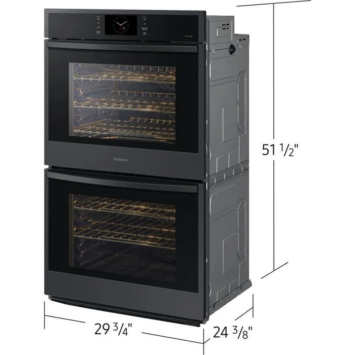 Samsung NV51CG600DMT 30 Inch Double Electric Smart Wall Oven with 10.2 cu. ft. Dual Convection Oven, Self+Steam Clean, Air Fry, Steam Cook, Air Sous Vide, Sabbath, and Gliding Rack: Matte Black Steel