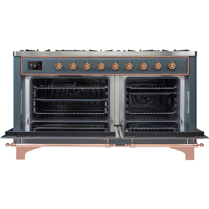 Ilve Majestic II Collection UM15FDNS3BGPLP 60 Inch Freestanding Dual Fuel Range with 9 Sealed Burners, 5.8 cu. ft. Total Capacity, Warming Drawer, Fast Pre-Heat, Griddle, Sabbath Mode and STAR-K Certified: Blue Grey, Copper Trim - LP