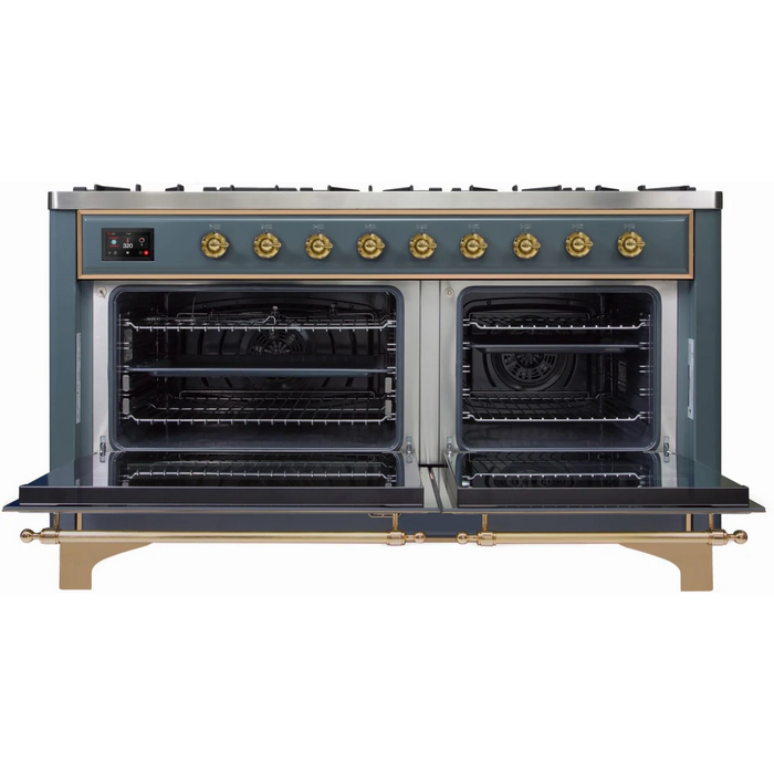Ilve Majestic II Collection UM15FDNS3BGGLP 60 Inch Freestanding Dual Fuel Range with 9 Sealed Burners, 5.8 cu. ft. Total Capacity, Warming Drawer, Fast Pre-Heat, Griddle, Sabbath Mode and STAR-K Certified: Blue Grey, Brass Trim - LP