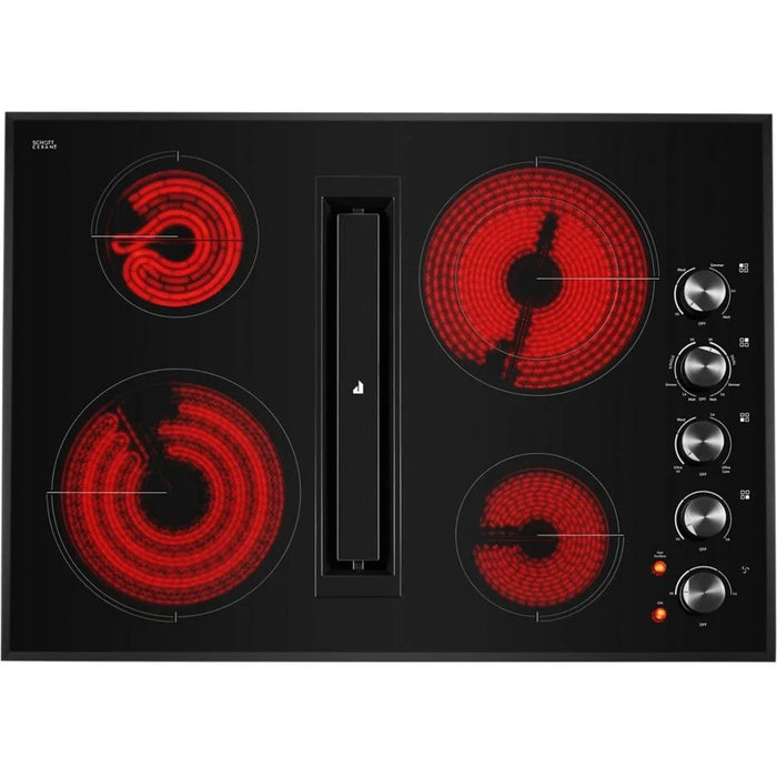 JennAir Black Floating Glass Series JED3430GB 30 Inch Electric Cooktop with 4 Element Burners, Ceramic Glass Surface, Dual-Choice™ Element, JX3™ Downdraft Ventilation System, DuraFinish® Glass Protection, Die-Cast Metal Knobs