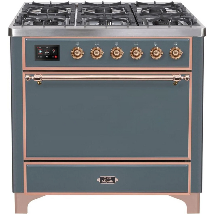 Ilve Majestic II Collection UM096DQNS3BGPLP 36 Inch Freestanding Dual Fuel Range with 6 Sealed Burners, 3.5 cu. ft. Oven Capacity, Warming Drawer, and Fast Pre-Heat: Blue Grey with Copper Trim - LP