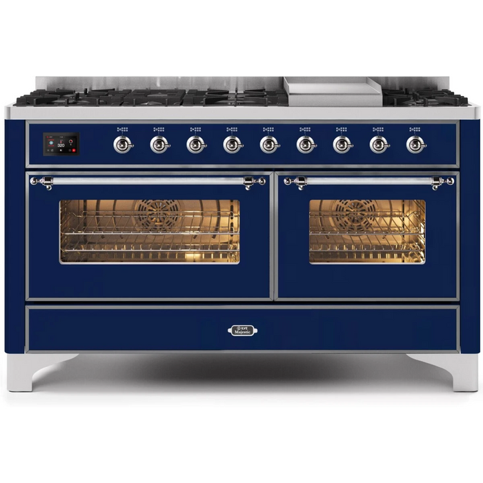 Ilve Majestic II Collection UM15FDNS3MBCLP 60 Inch Freestanding Dual Fuel Range with 9 Sealed Burners, 5.8 cu. ft. Total Capacity, Warming Drawer, Fast Pre-Heat, Griddle, Sabbath Mode and STAR-K Certified: Midnight Blue, Chrome Trim - LP