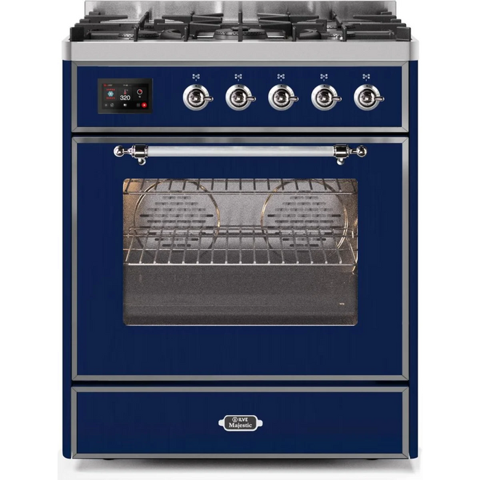 Ilve Majestic II Collection UM30DNE3MBC 30 Inch Freestanding Dual Fuel Range with 5 Sealed Burners, 4 cu. ft. Oven Capacity, Storage Drawer, and Fast Pre-heat: Midnight Blue, Chrome Trim (NG)