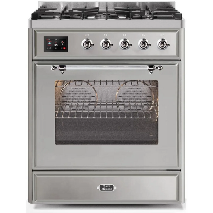 Ilve Majestic II Collection UM30DNE3SSC 30 Inch Freestanding Dual Fuel Range with 5 Sealed Burners, 4 cu. ft. Oven Capacity, Storage Drawer, and Fast Pre-heat: Stainless Steel, Chrome Trim (NG)