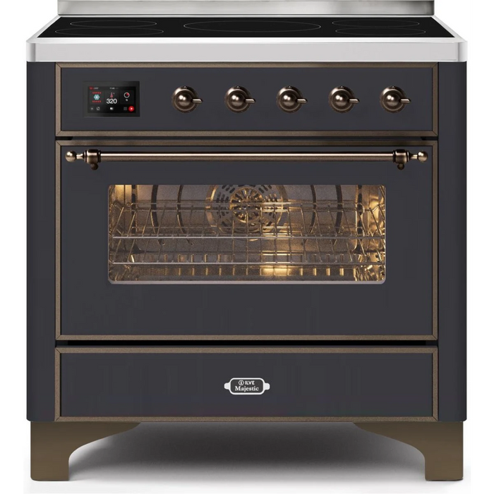 Ilve Majestic II Collection UMI09NS3MGB 36 Inch Freestanding Electric Induction Range with 5 Elements, 3.5 Cu. Ft. Capacity, Warming Drawer, Self-Clean, and Fast Pre-Heat: Matte Graphite, Burnished Trim