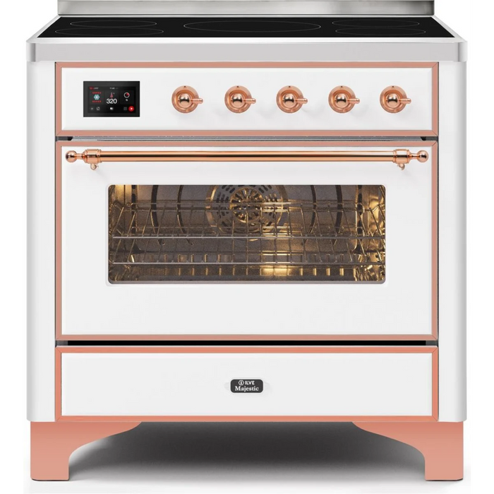 Ilve Majestic II Collection UMI09NS3WHP 36 Inch Freestanding Electric Induction Range with 5 Elements, 3.5 Cu. Ft. Capacity, Warming Drawer, Self-Clean, and Fast Pre-Heat: White, Copper Trim