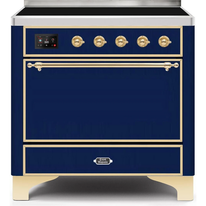 Ilve Majestic II Collection UMI09QNS3MBG 36 Inch Freestanding Induction Range with 5 Elements, 3.5 cu. ft. Oven Capacity, Convection, Warming Drawer, and Fast Pre-Heat: Midnight Blue with Brass Trim