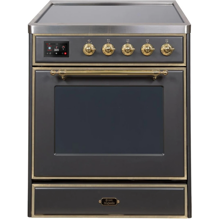 Ilve Majestic II Collection UMI30NE3MGG 30 Inch Freestanding Induction Range with 4 Elements, 3 Cu. Ft. Capacity, Storage Drawer, Self-Clean, and Convection Oven: Matte Graphite, Brass Trim