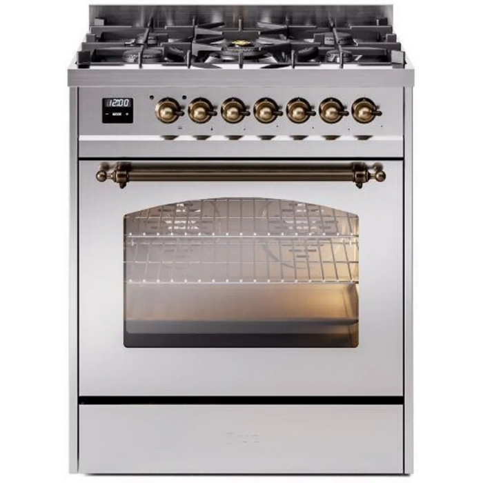 Ilve Nostalgie II Collection UP30NMPSSB 30 Inch Freestanding Dual Fuel Range with 5 Sealed Burners, 4 cu. ft. Oven Capacity, Storage Drawer, and Quick Start: Stainless Steel, Burnished Trim - NG
